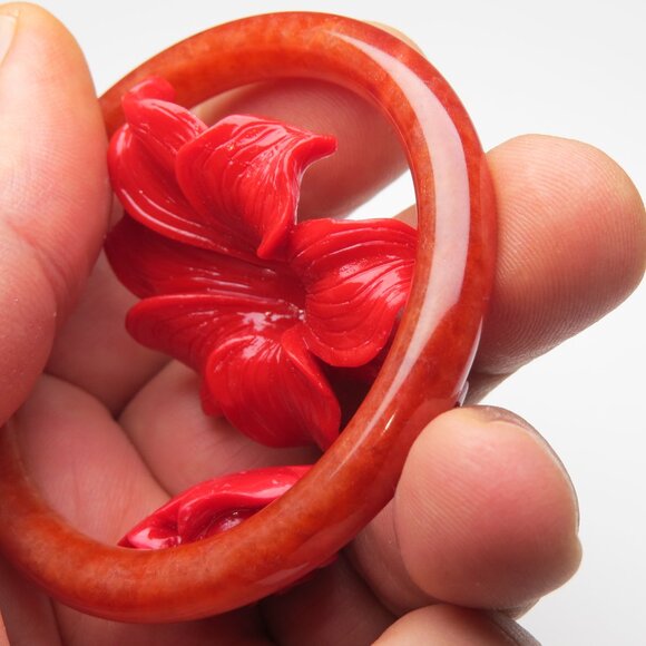 "Natural Jade bangle + REE manmade Coral carved figurine 50mm " - Picture 3 of 3